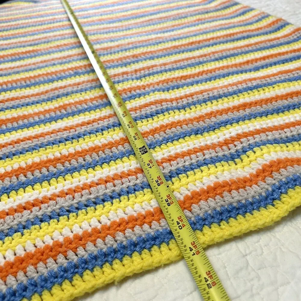 Handmade Vintage Cottagecore Orange Yellow Blue & White Afghan Blanket 56 x 41”